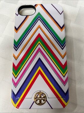 Tory Burch White Chevron Stripe iPhone Case with Multicolor Accents